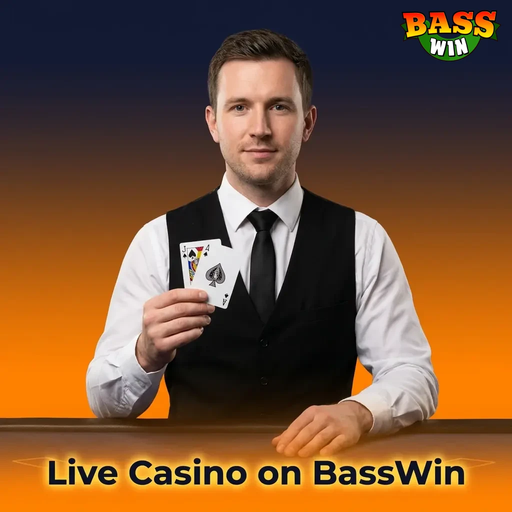 Real dealer at a live casino table streamed in HD, with cards and roulette wheel, representing BassWin Live Casino games.