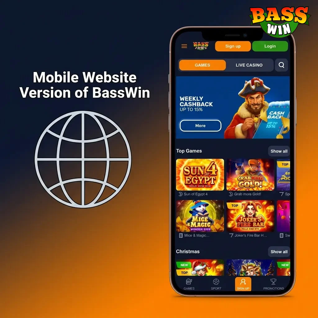 BassWin mobile website displayed on a smartphone browser with touch-friendly navigation and full casino access